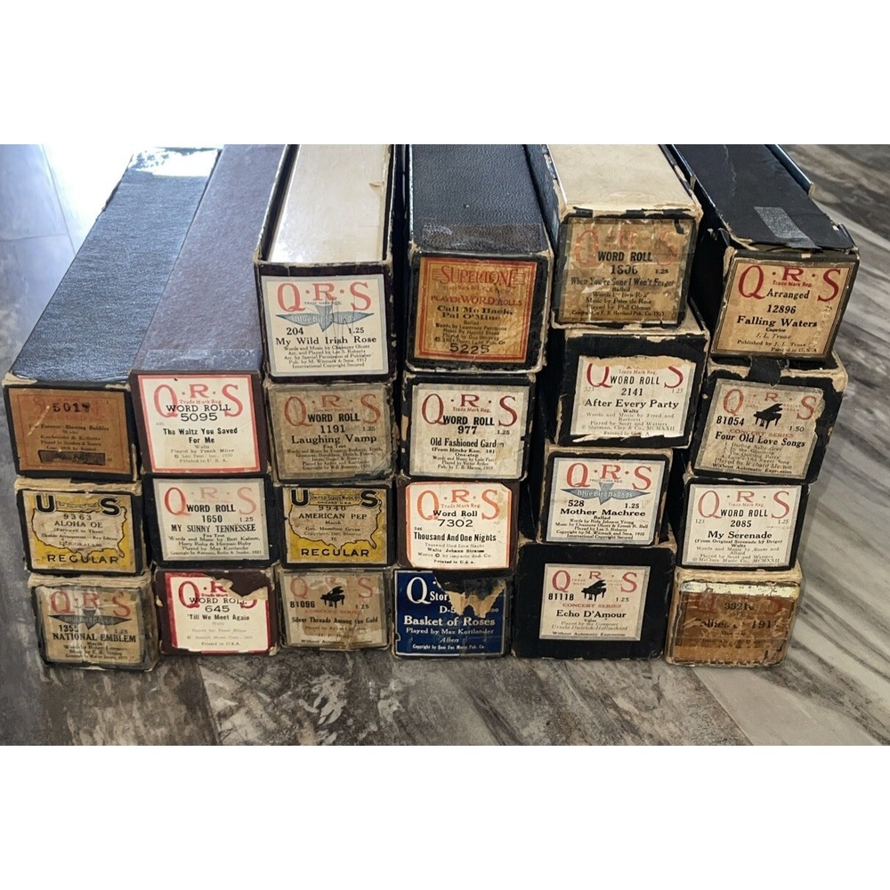 Antique QRS Player Piano Word Rolls Lot of 22 All Original Boxes Labeled As Is